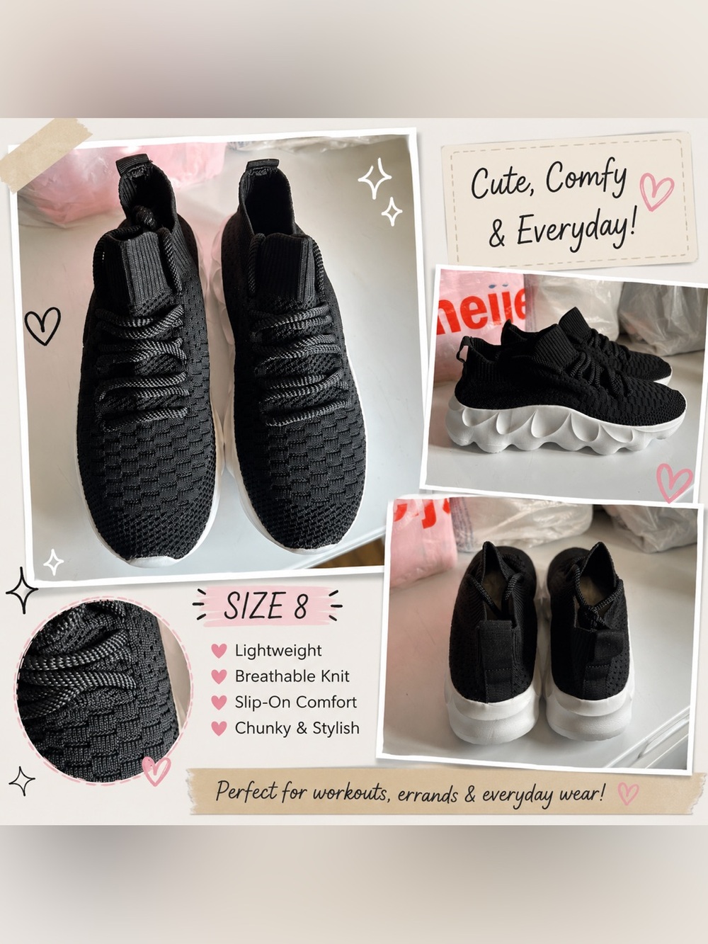 Women’s Black Knit Slip-On Sneakers Chunky White Sole Size 8